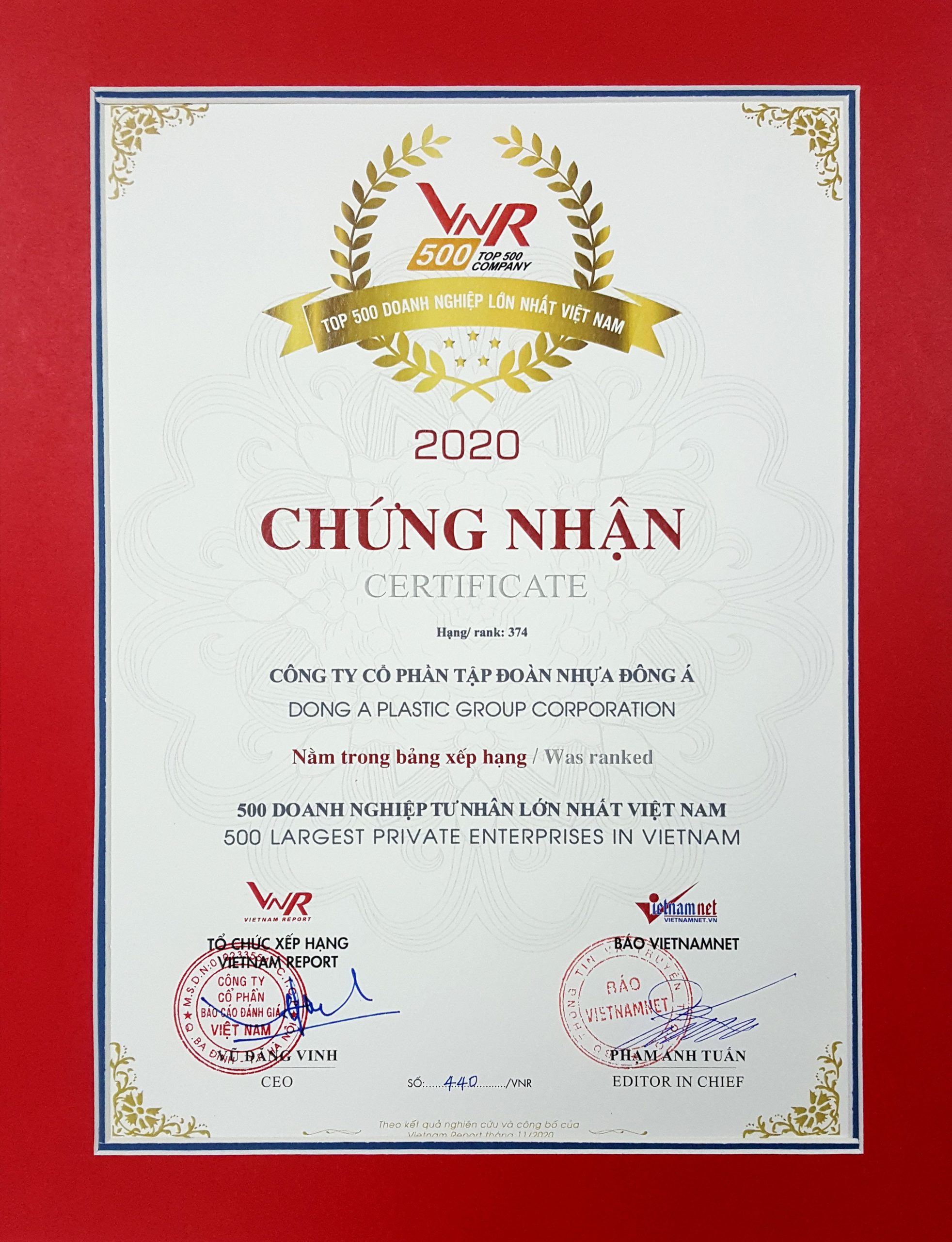 Nhựa Đông Á đạt top 500 doanh nghiệp tư nhân lớn nhất Việt Nam